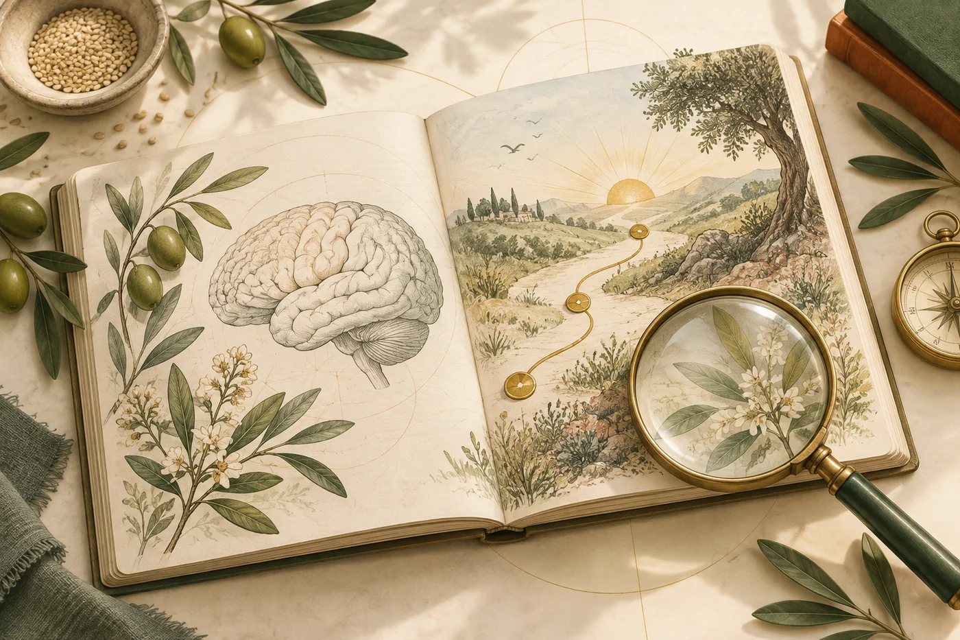 Open field journal with botanical studies, a brain illustration, and a path leading toward sunrise
