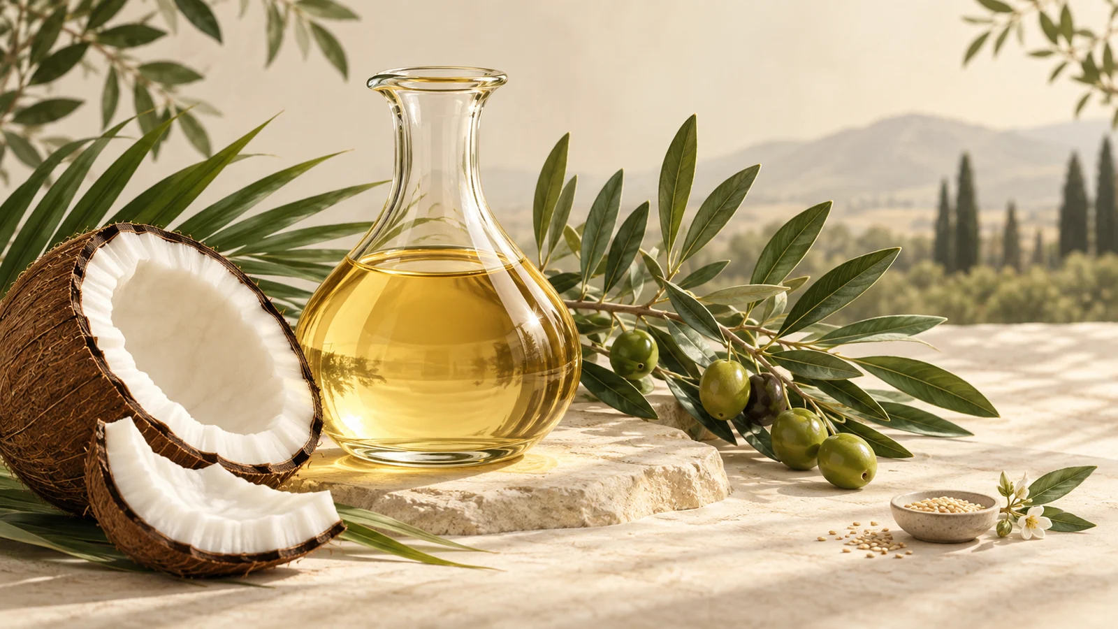 A restrained botanical still life of MCT oil, extra virgin olive oil, and a small sesame accent