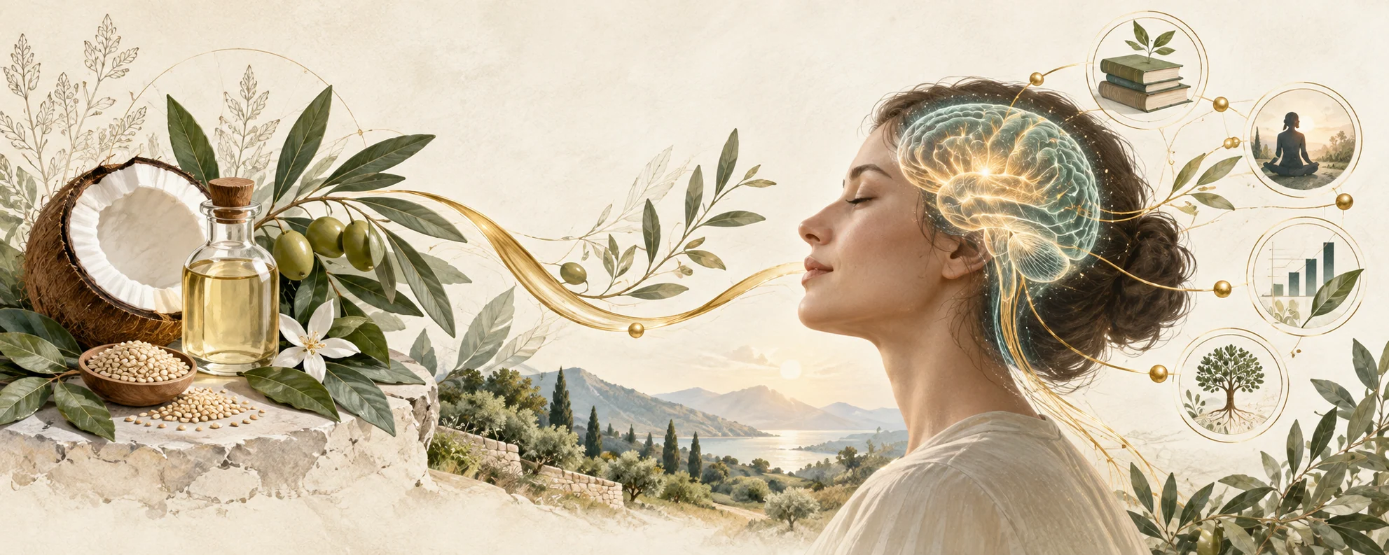 A three-oil botanical blend flowing toward a person with an illuminated brain and symbols of learning, tracking, and long-term support