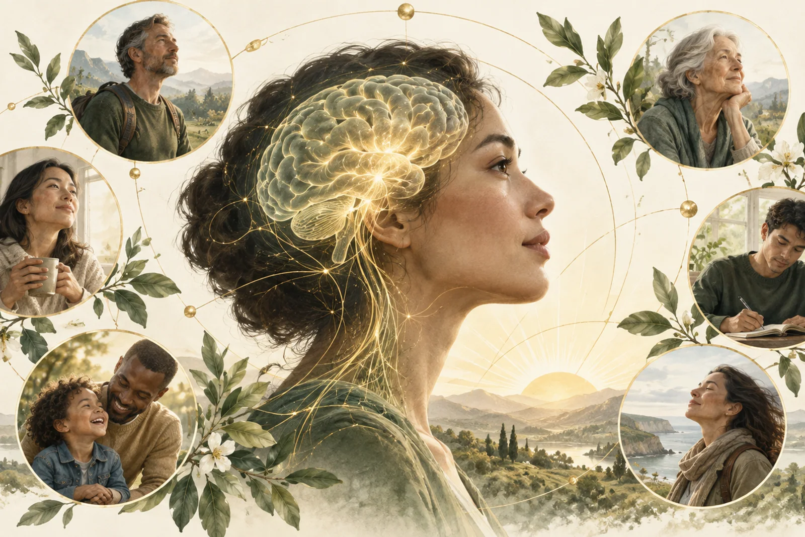 Human profile with an illuminated brain surrounded by people in thoughtful everyday moments