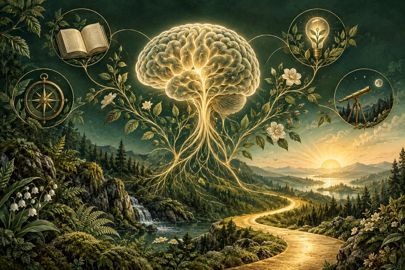 Luminous brain growing into botanical branches above a golden path toward sunrise