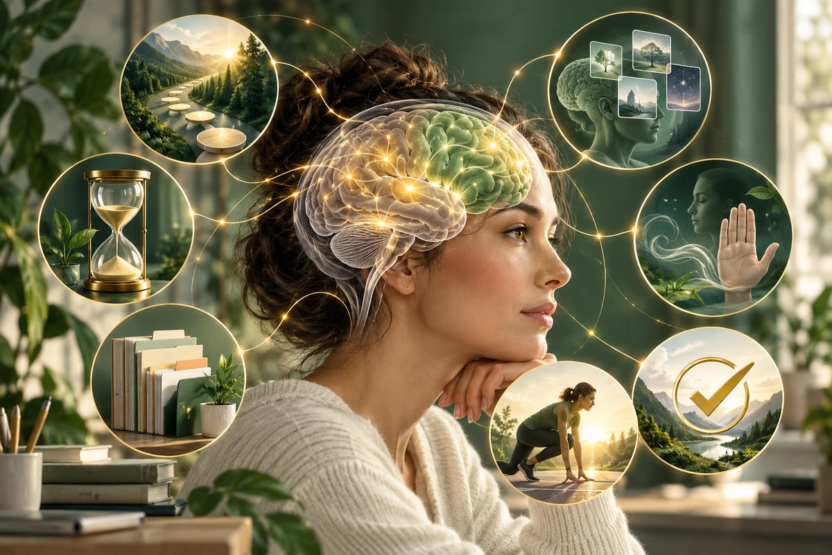 Brain-centered educational illustration linking planning, working memory, time, organization, inhibition, initiation, and completion