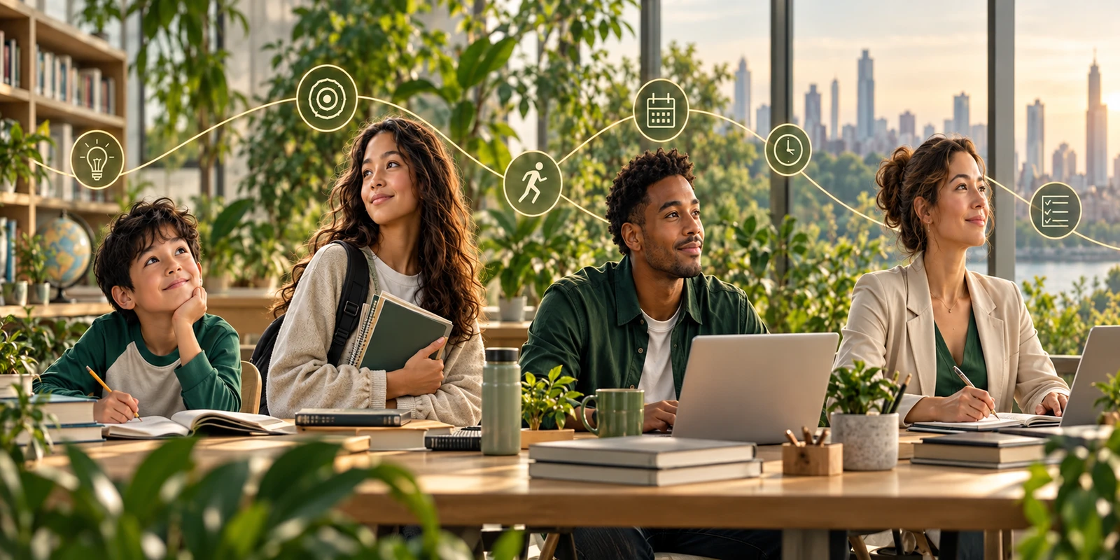 A school-age boy, teenage girl, adult man, and adult woman learning and working together with subtle visual motifs for attention, planning, and time
