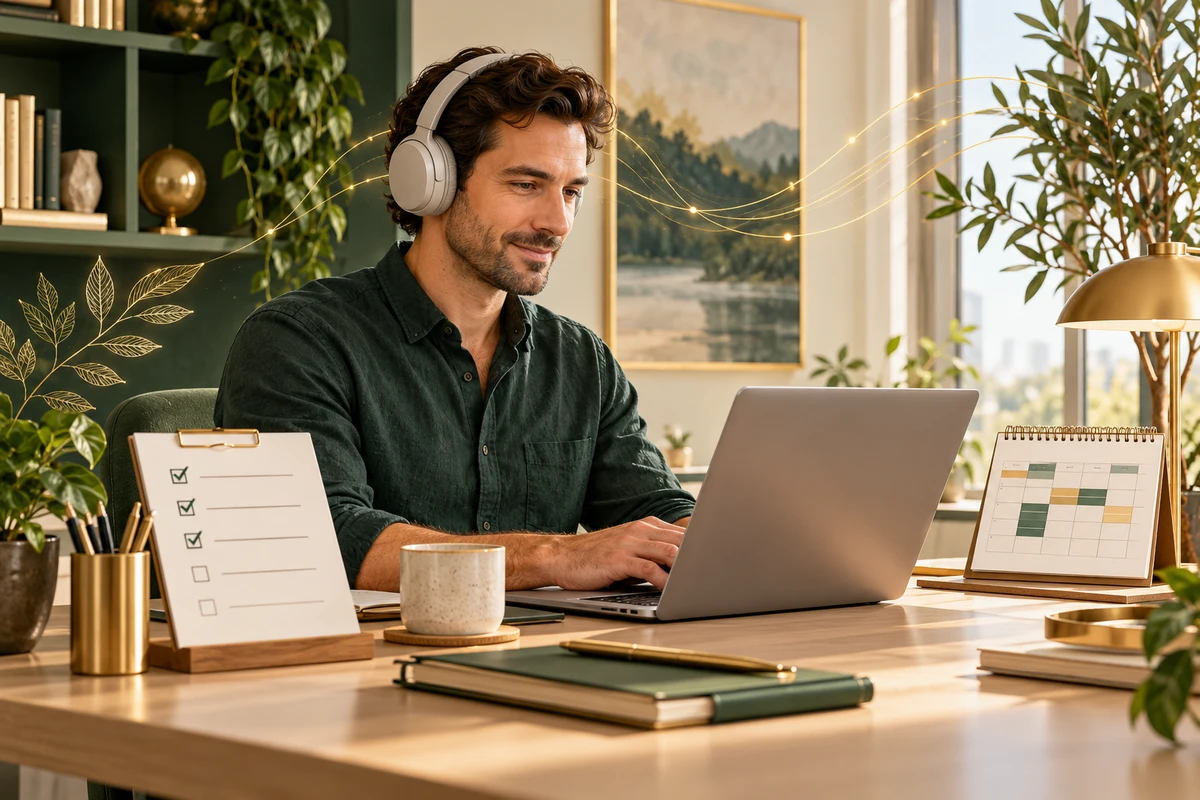 Adult workstation with competing tasks, meeting notes, priorities, and structured planning tools