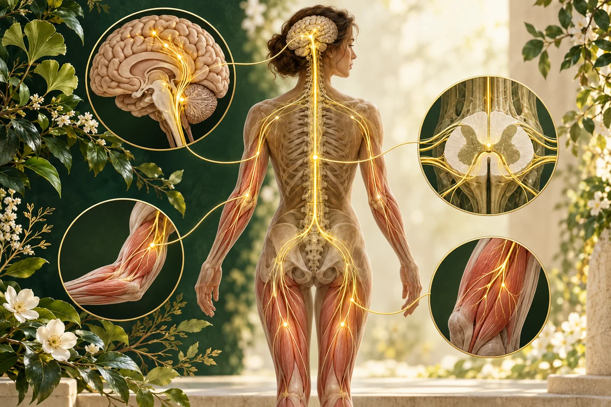 Educational pathway from motor cortex through spinal cord and peripheral motor nerve to skeletal muscle