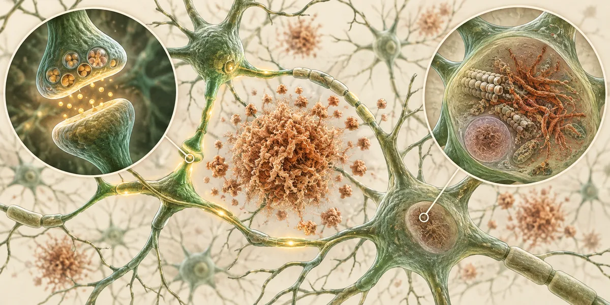 Conceptual view of neuron connections, amyloid plaque, and tau-related disruption inside a neuron