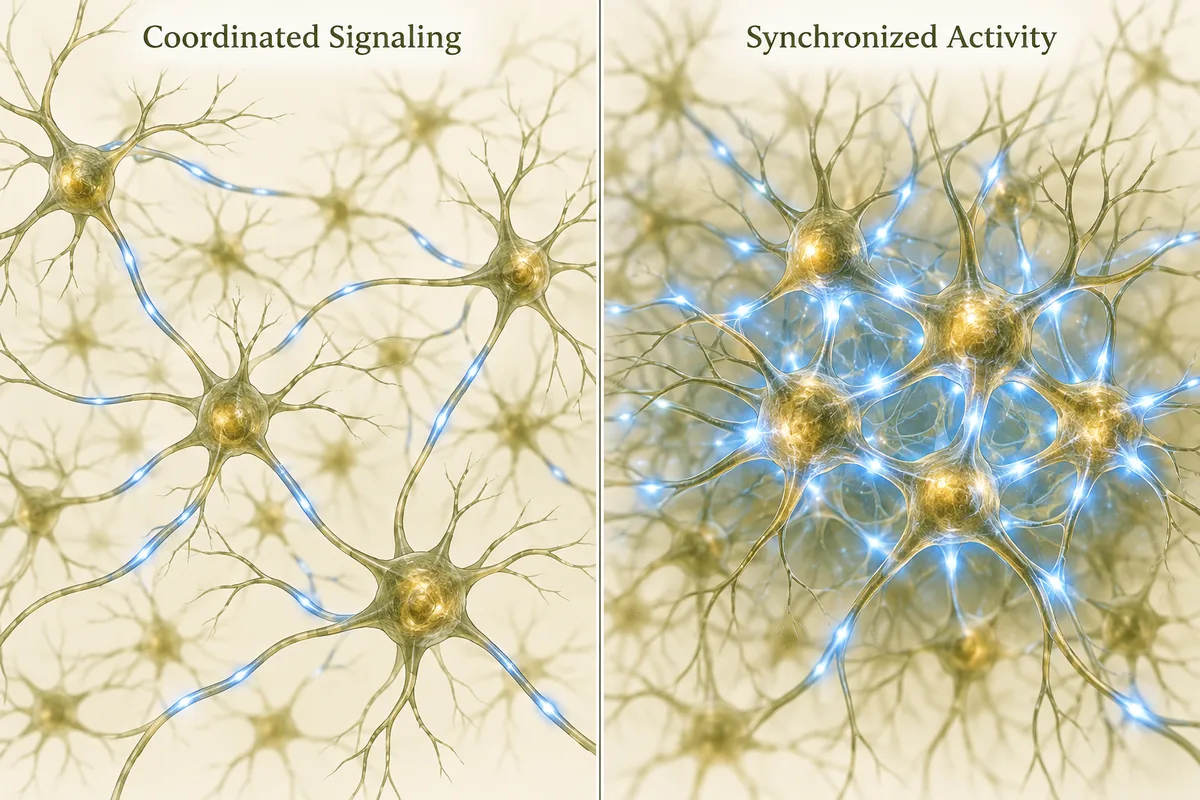 Comparison of coordinated neuron signaling and synchronized excessive neural activity