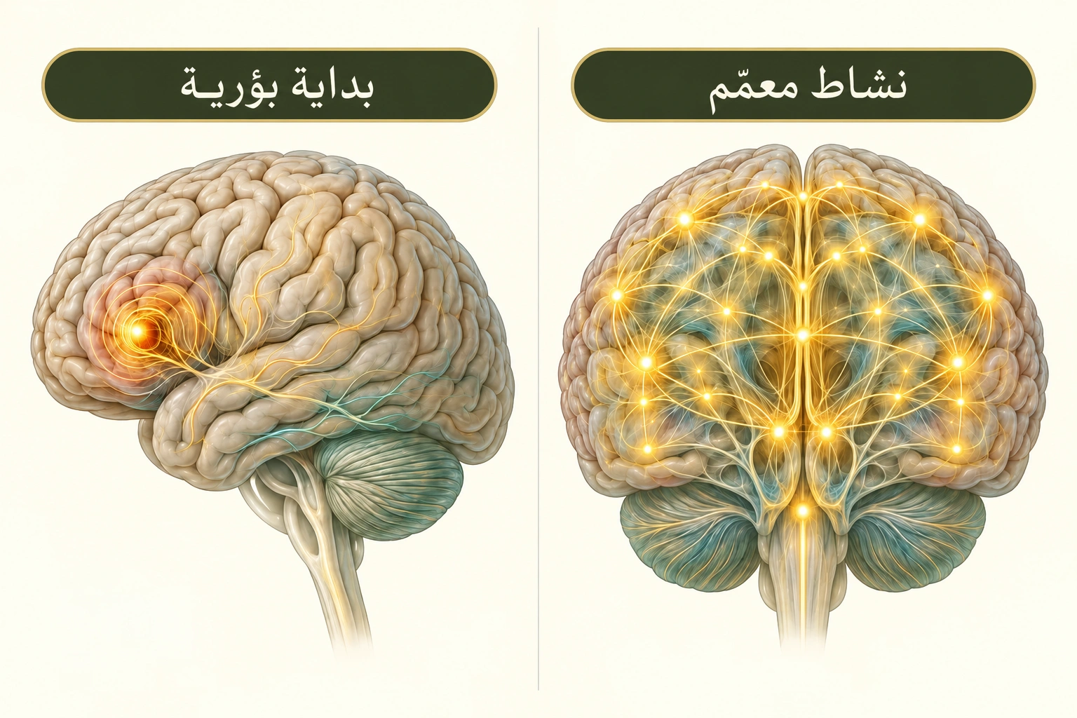 رسوم للدماغ تقارن البداية البؤرية في منطقة واحدة بالنشاط المعمم في نصفي الدماغ