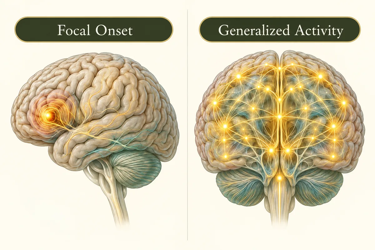 Brain diagrams comparing focal onset in one region with generalized activity across both hemispheres