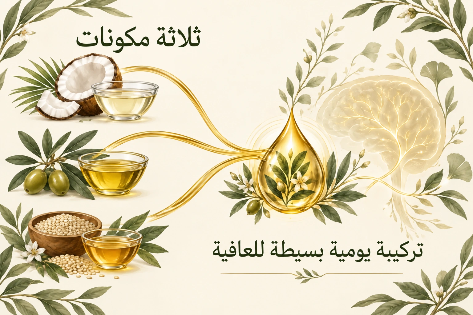 زيت الدهون الثلاثية متوسطة السلسلة المشتق من جوز الهند وزيت الزيتون وزيت السمسم تجتمع في مزيج نباتي واحد بسيط