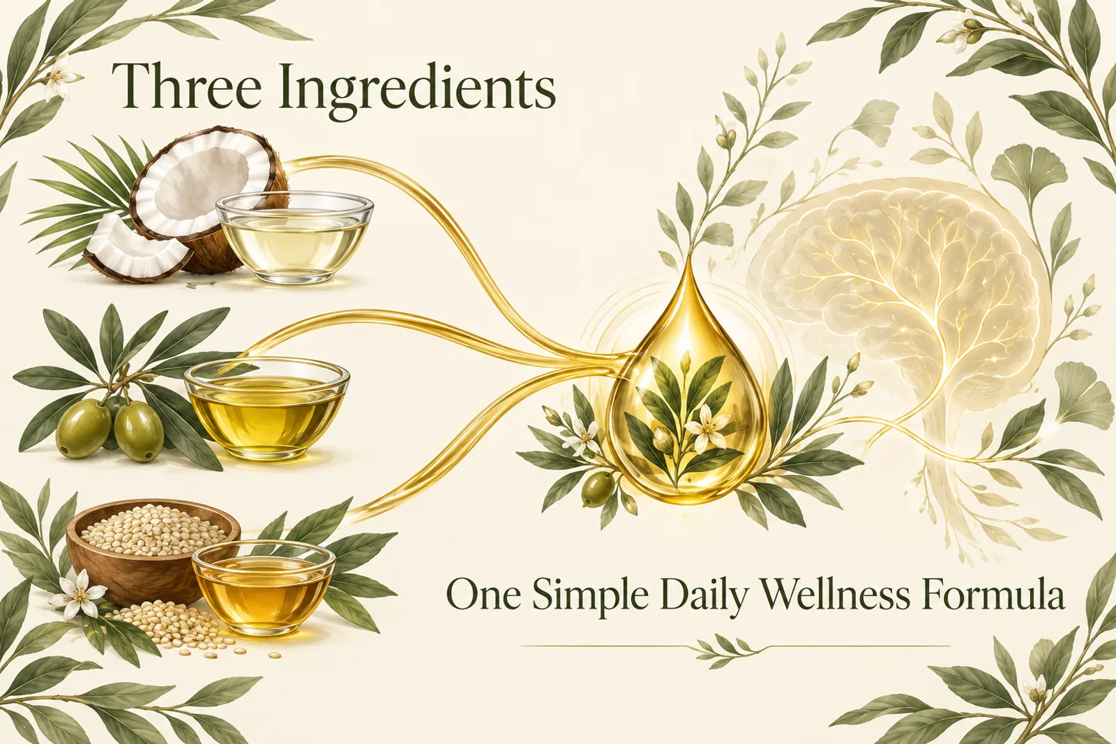 Coconut-derived MCT oil, olive oil, and sesame oil flowing into one simple botanical oil blend