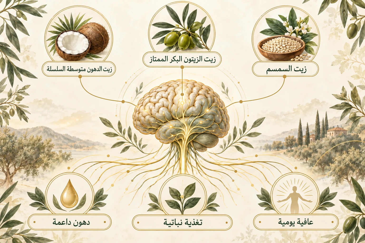 زيت الدهون الثلاثية متوسطة السلسلة وزيت الزيتون البكر الممتاز وزيت السمسم مرتبطة بالتغذية النباتية والعافية اليومية مع رسم للدماغ