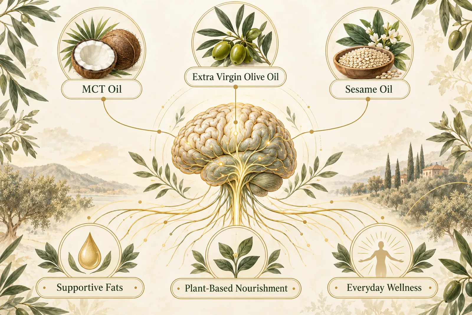 MCT oil, extra virgin olive oil, and sesame oil connected to supportive fats, plant-based nourishment, everyday wellness, and a central brain illustration