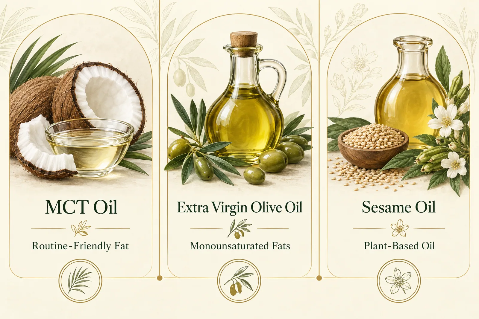 Three botanical ingredient panels for MCT oil, extra virgin olive oil, and sesame oil