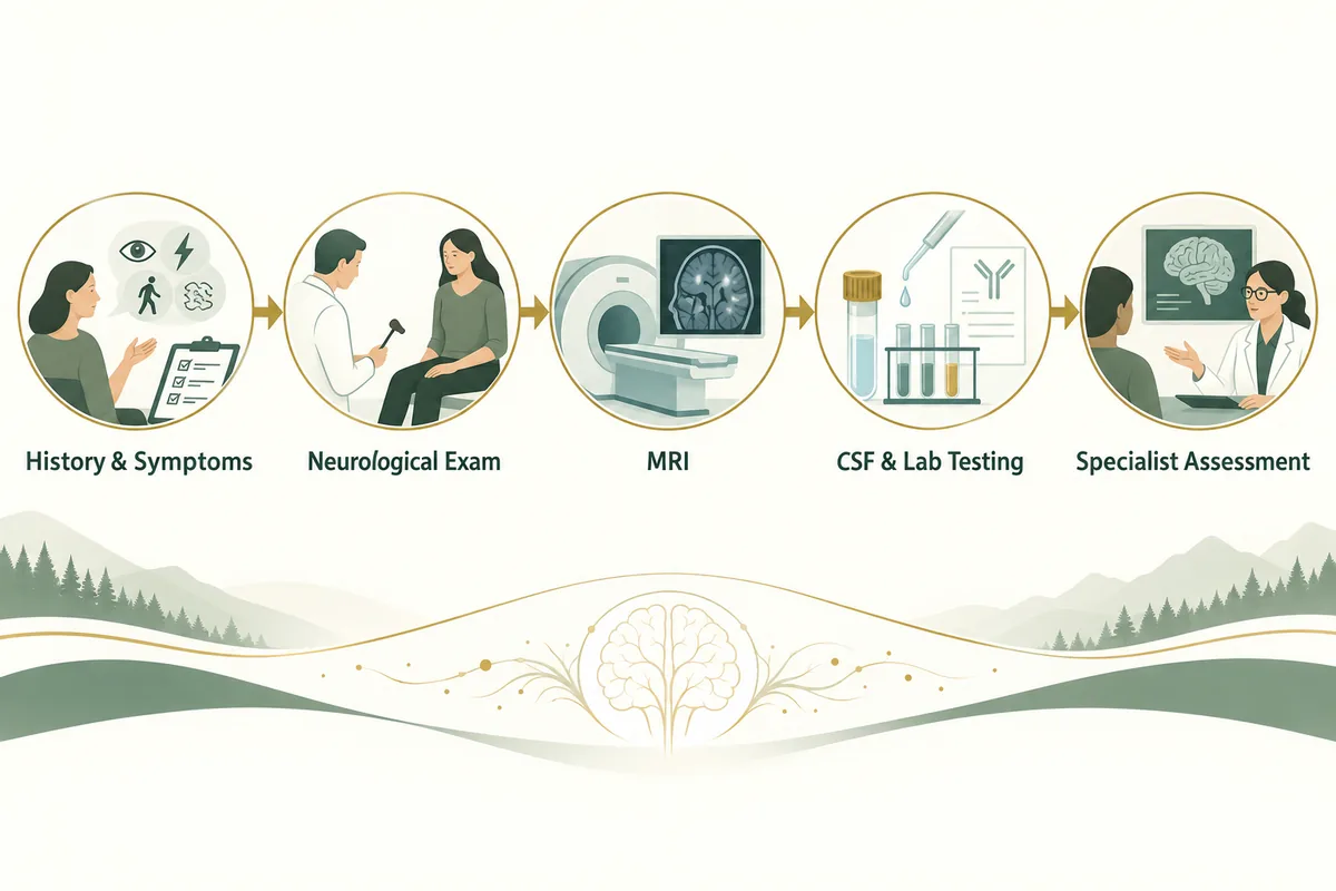 Clinical evaluation pathway from history and examination through MRI, laboratory testing, and specialist assessment