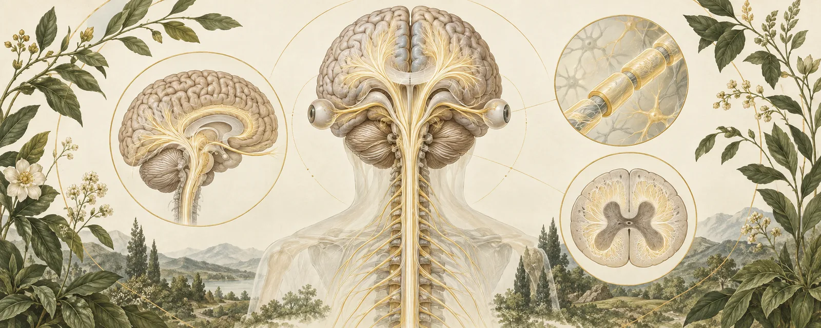 Brain, spinal cord, optic nerves, and highlighted white-matter and myelin pathways