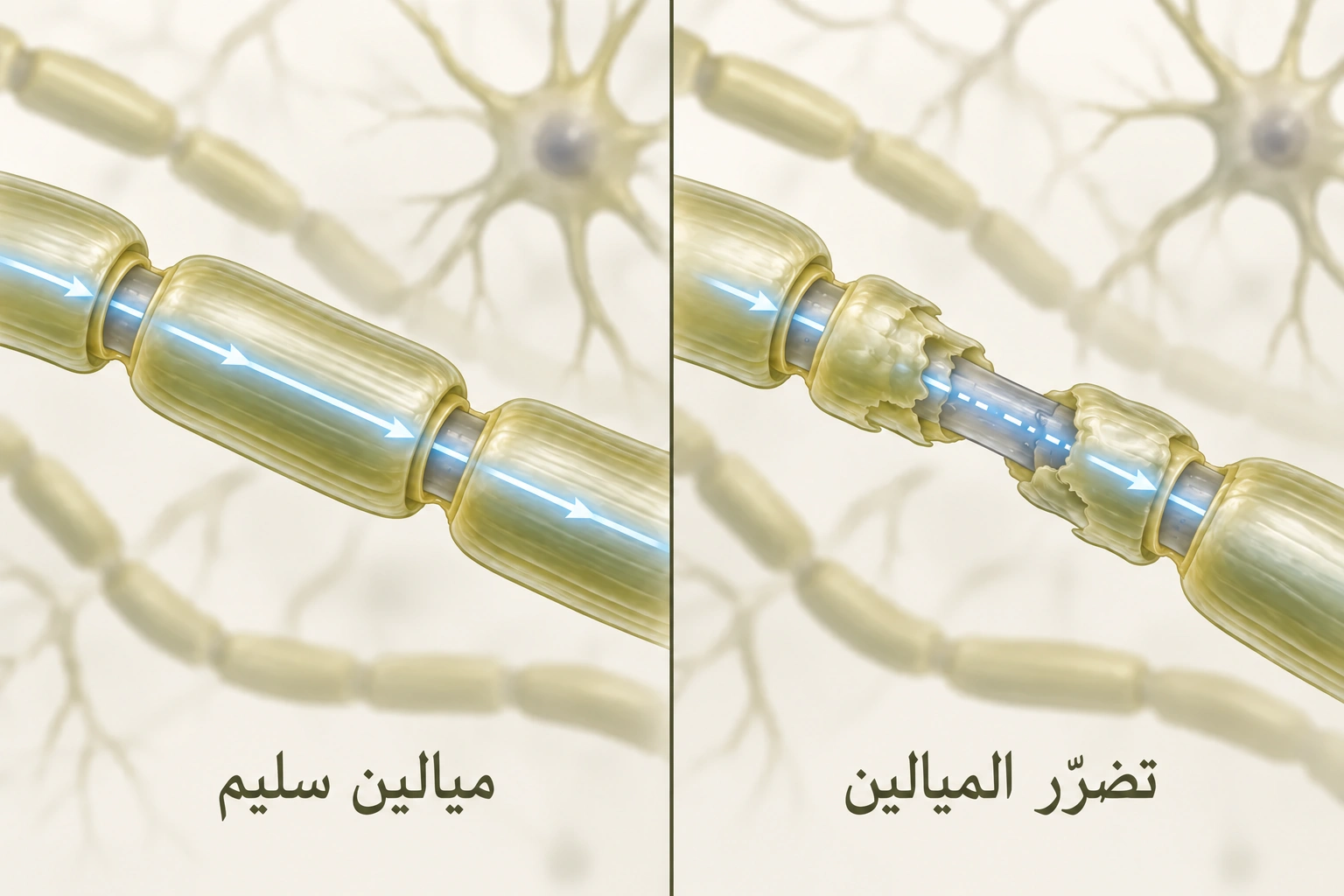 ألياف عصبية متجاورة توضح الميالين السليم واضطرابًا موضعيًا فيه