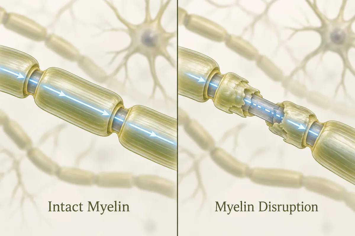 Side-by-side nerve fibers showing intact myelin and localized myelin disruption