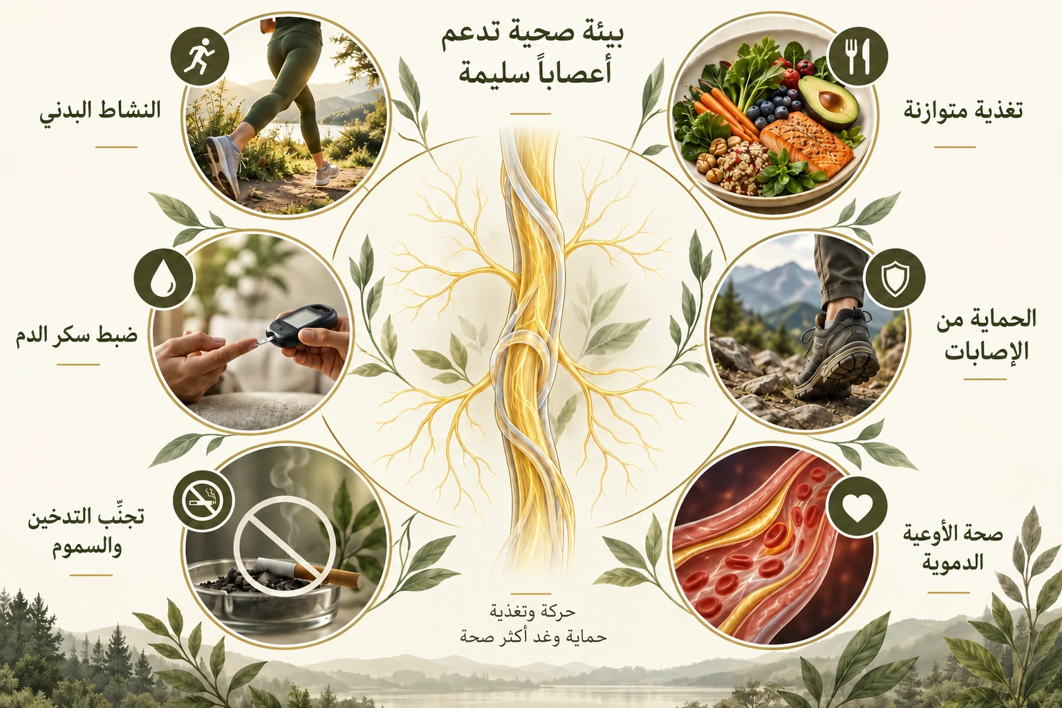 عصب طرفي تحيط به مفاهيم الحركة والتغذية وسكر الدم والحماية من الإصابات وتجنب السموم وصحة الأوعية
