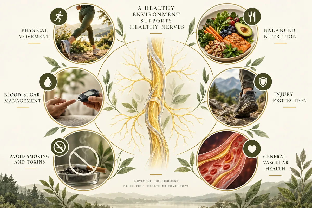 Peripheral nerve surrounded by movement, nutrition, blood-sugar, injury-protection, toxin-avoidance, and vascular-health concepts