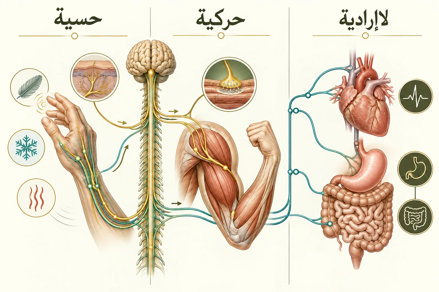 رسم من ثلاثة أجزاء يوضح المسارات العصبية الحسية والحركية واللاإرادية ووظائفها