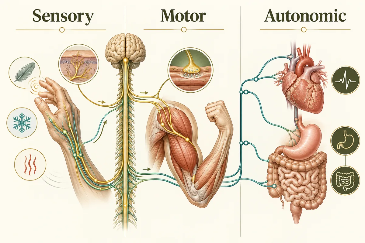 Three-part diagram of sensory, motor, and autonomic nerve pathways and their functions
