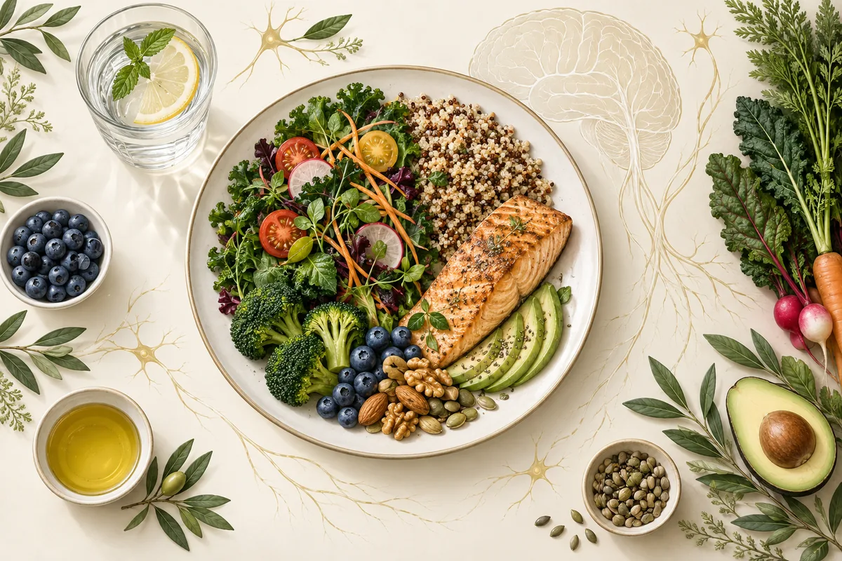 Balanced plate with vegetables, whole grains, fish, healthy fats, fruit, seeds, and water