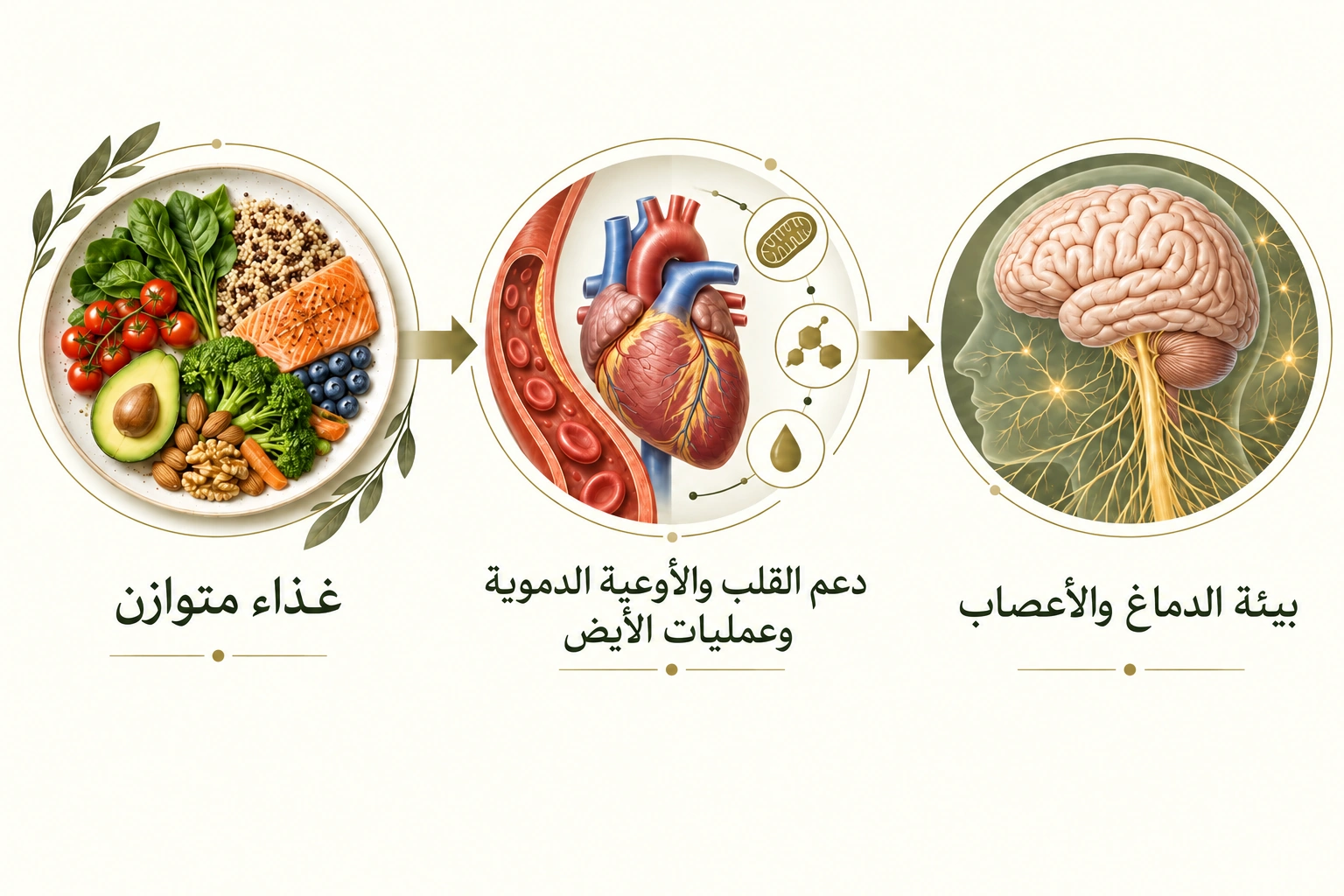 غذاء متوازن متصل بدعم القلب والأوعية والأيض وبيئة الدماغ والأعصاب