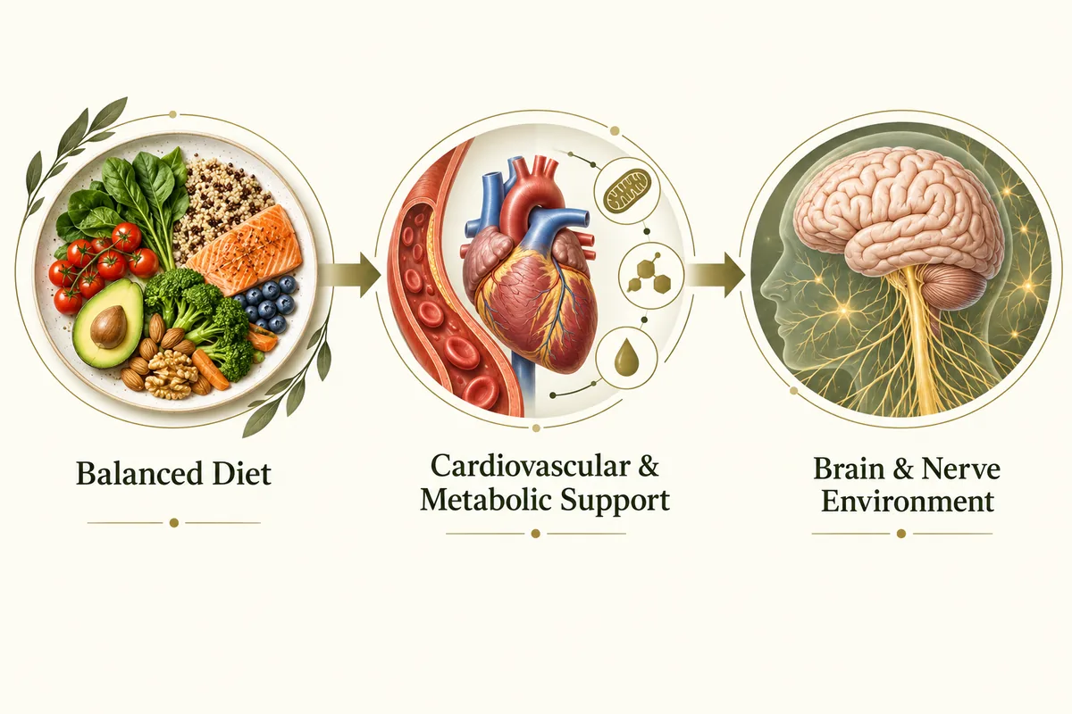 Balanced diet connected to cardiovascular and metabolic support and the brain and nerve environment