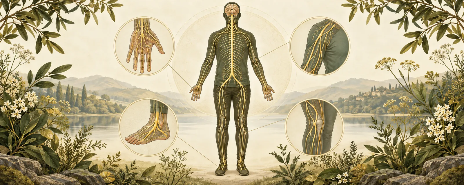 Clothed human figure with peripheral nerve pathways and subtle emphasis on the hands and feet
