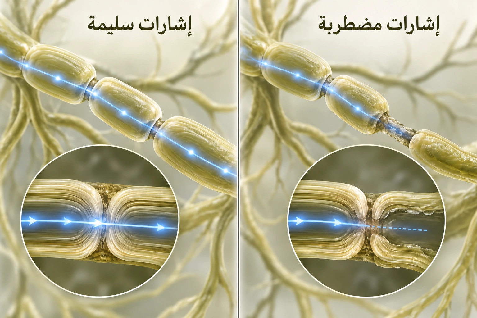 مقارنة مجهرية بين الإشارات السليمة للعصب المحيطي ومسار إشاري متضرر