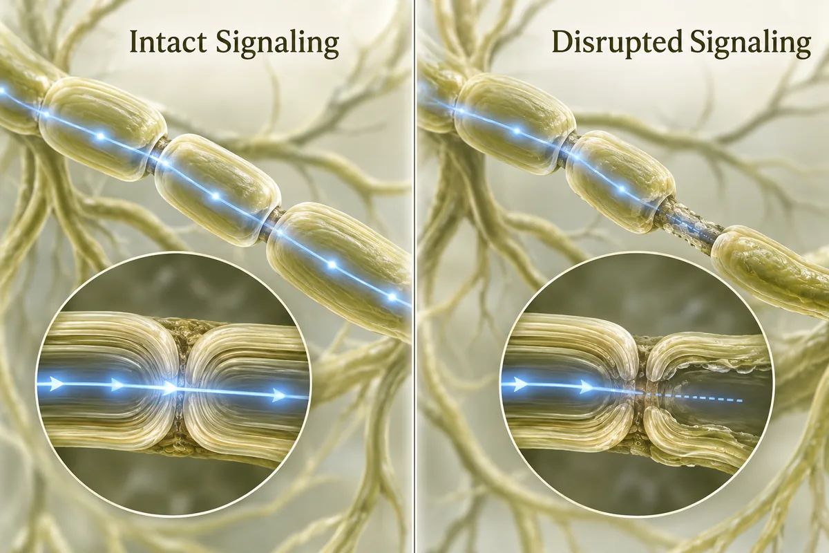 Microscopic comparison of intact peripheral nerve signaling and a disrupted signal pathway