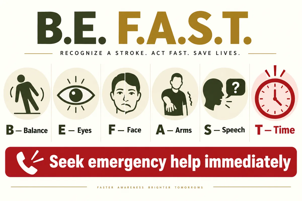B.E. F.A.S.T. stroke-recognition infographic covering balance, eyes, face, arms, speech, and time