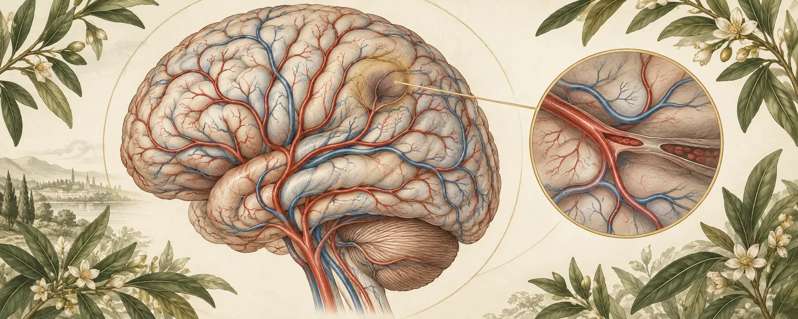 Anatomical brain with cerebral blood vessels and a subtle localized interruption in blood flow