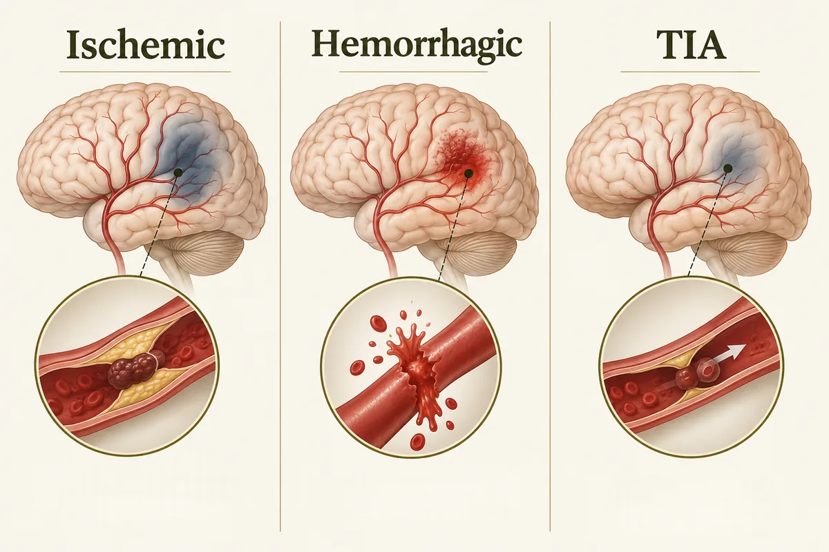 Three-panel comparison of ischemic stroke, hemorrhagic stroke, and transient ischemic attack
