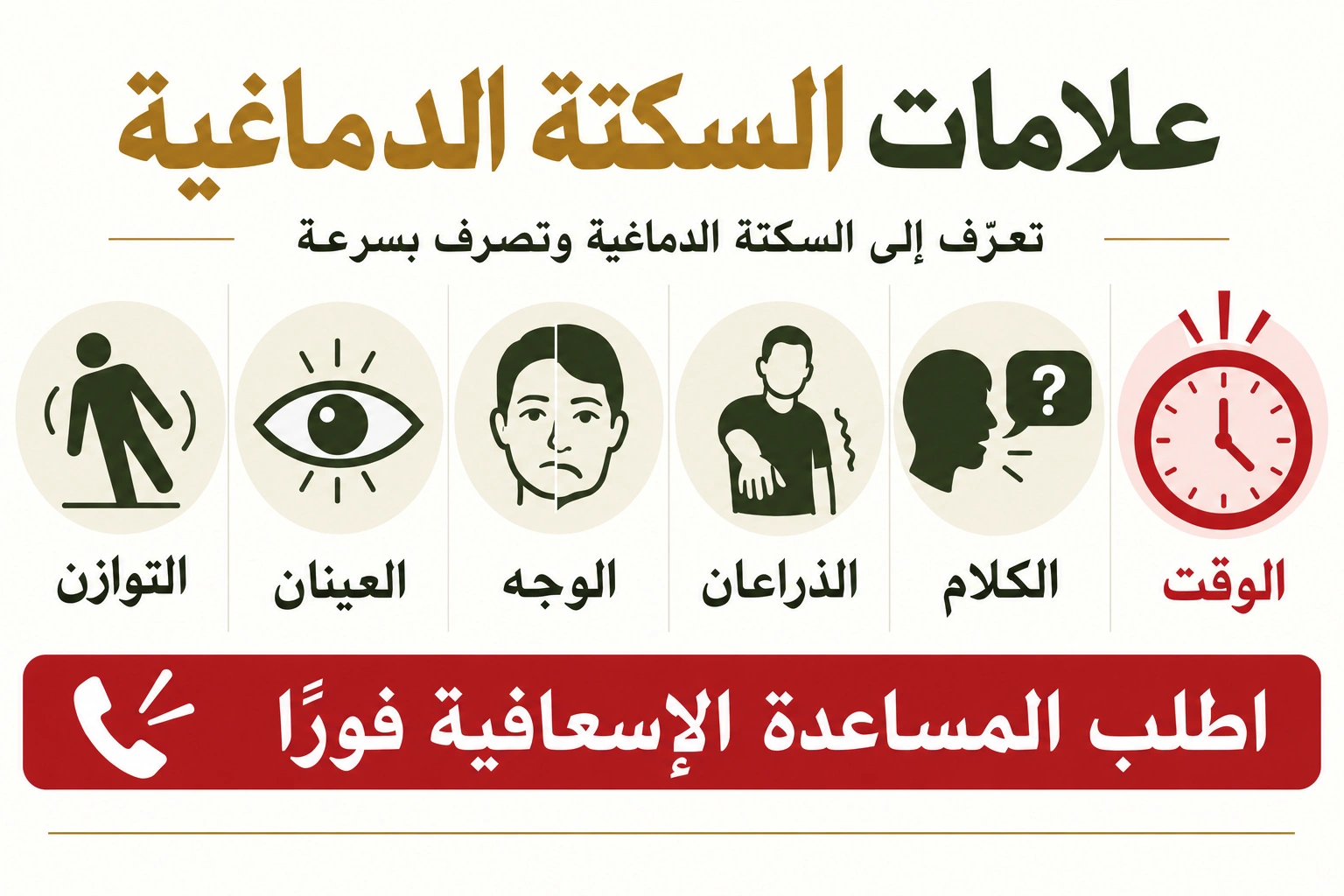 رسم توعوي لدليل التعرّف السريع إلى السكتة يشمل التوازن والعينين والوجه والذراعين والكلام والوقت