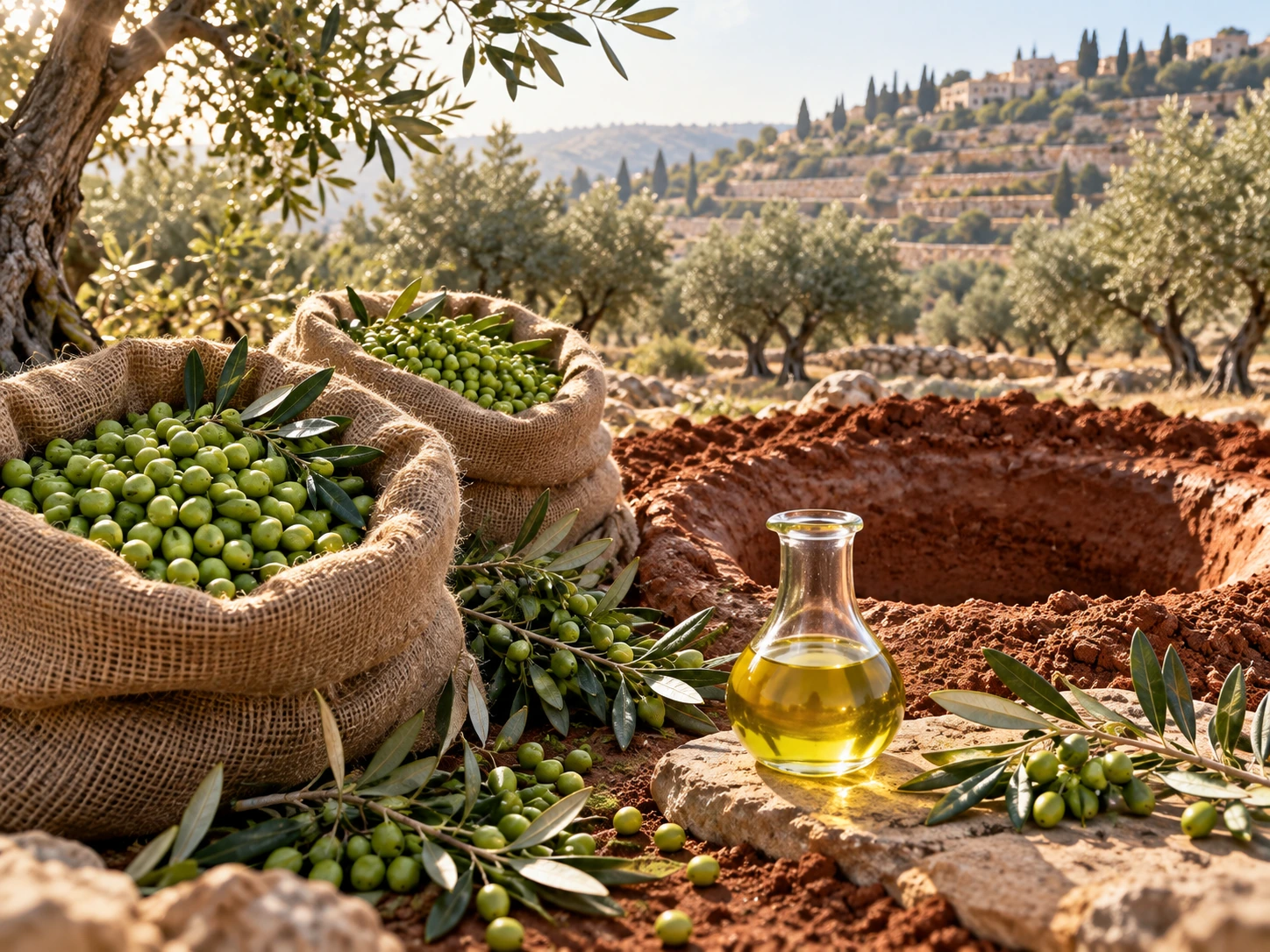 Tiny early-harvest olives in burlap sacks beside red soil, olive branches, a traditional pit, and a vessel of golden oil in a Bethlehem landscape